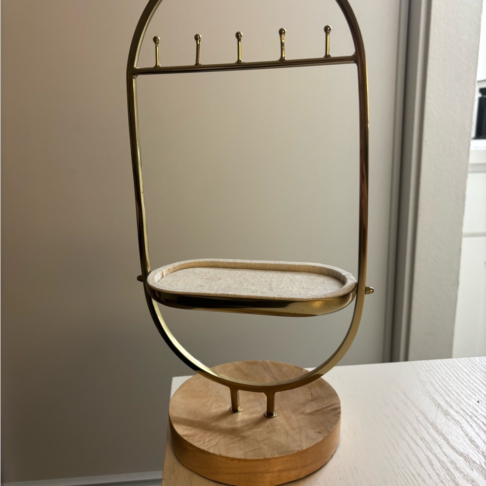 Gold Jewelry Stand with Wooden Base